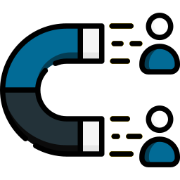 Blue horseshoe magnet attracting two people.