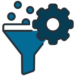 Funnel and gear icon with blue circles, symbolizing a filtering process.