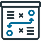 Presentation board with a blue and black strategy diagram.