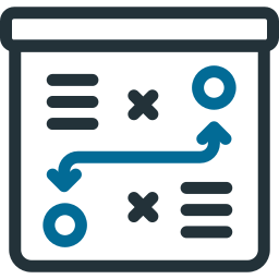 Presentation board with a blue and black strategy diagram.