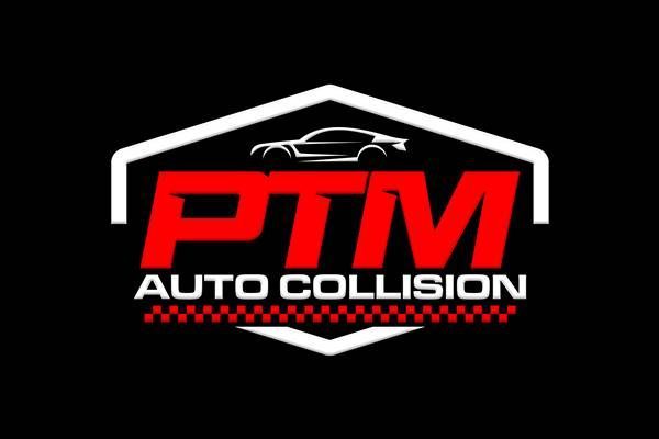 Logo for PTM Auto Collision, black background, white and red text, car silhouette, and checkered strip.