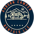 Auburn Camper Rentals LLC logo: RV with mountains, trees, sun, and stars inside a circle.
