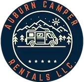 Auburn Camper Rentals LLC logo: RV with mountain scene inside a navy blue circle.