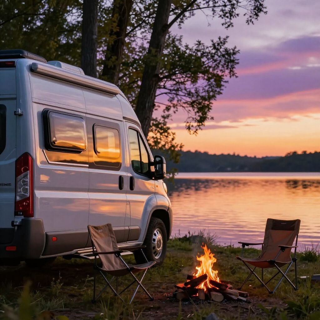 Camper van parked by a lake at sunset with a campfire and two chairs.
