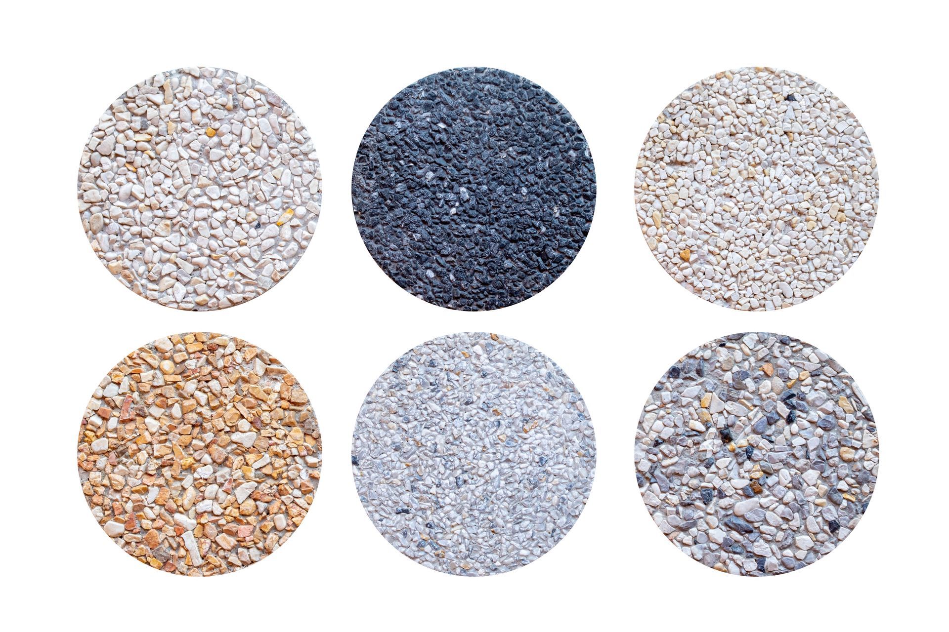 Examples of exposed aggregate concrete with different coloured pebbles in close-up. Examples of exposed aggregate concrete with different coloured pebbles in close-up.