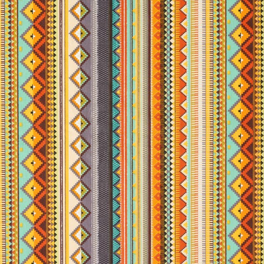 Vertical patterned textile with repeating geometric designs in orange, teal, and gray.