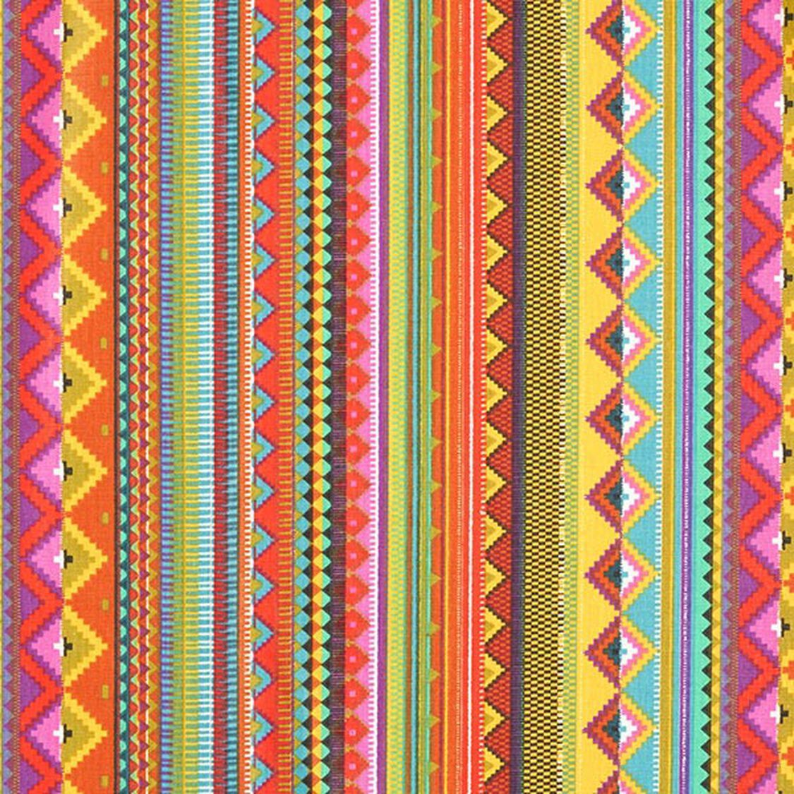 Colorful, patterned fabric with vertical stripes of various geometric designs, including triangles and diamonds.