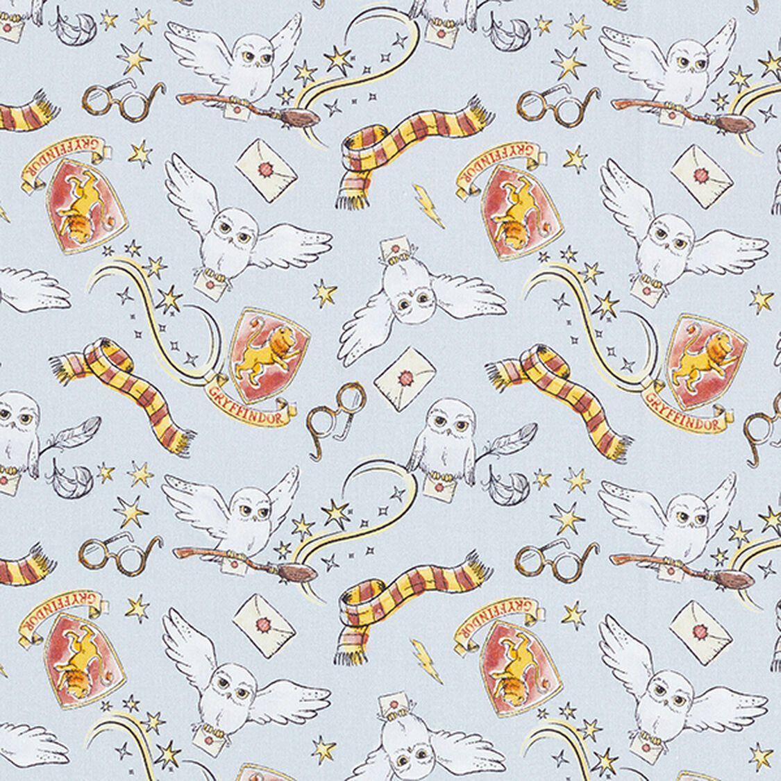 Light blue fabric with a Harry Potter-themed pattern: owls, scarves, crests, and letters.