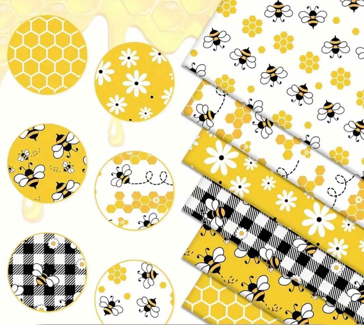 Yellow and white bee-themed patterns and circle designs with bees, flowers, and honeycomb.