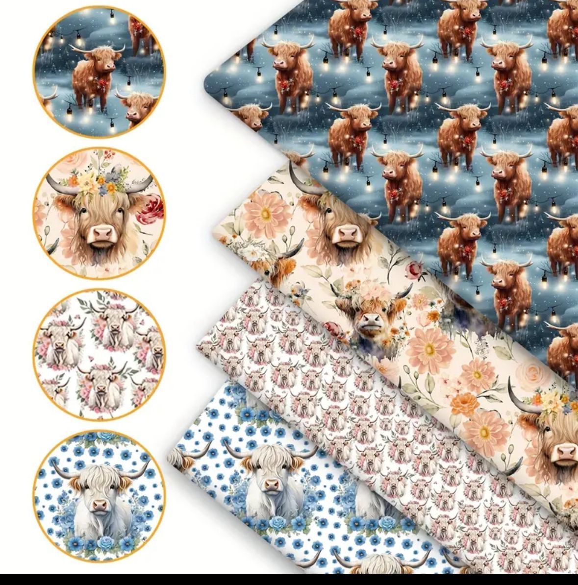 Fabric swatches featuring highland cows with floral and winter themed patterns.