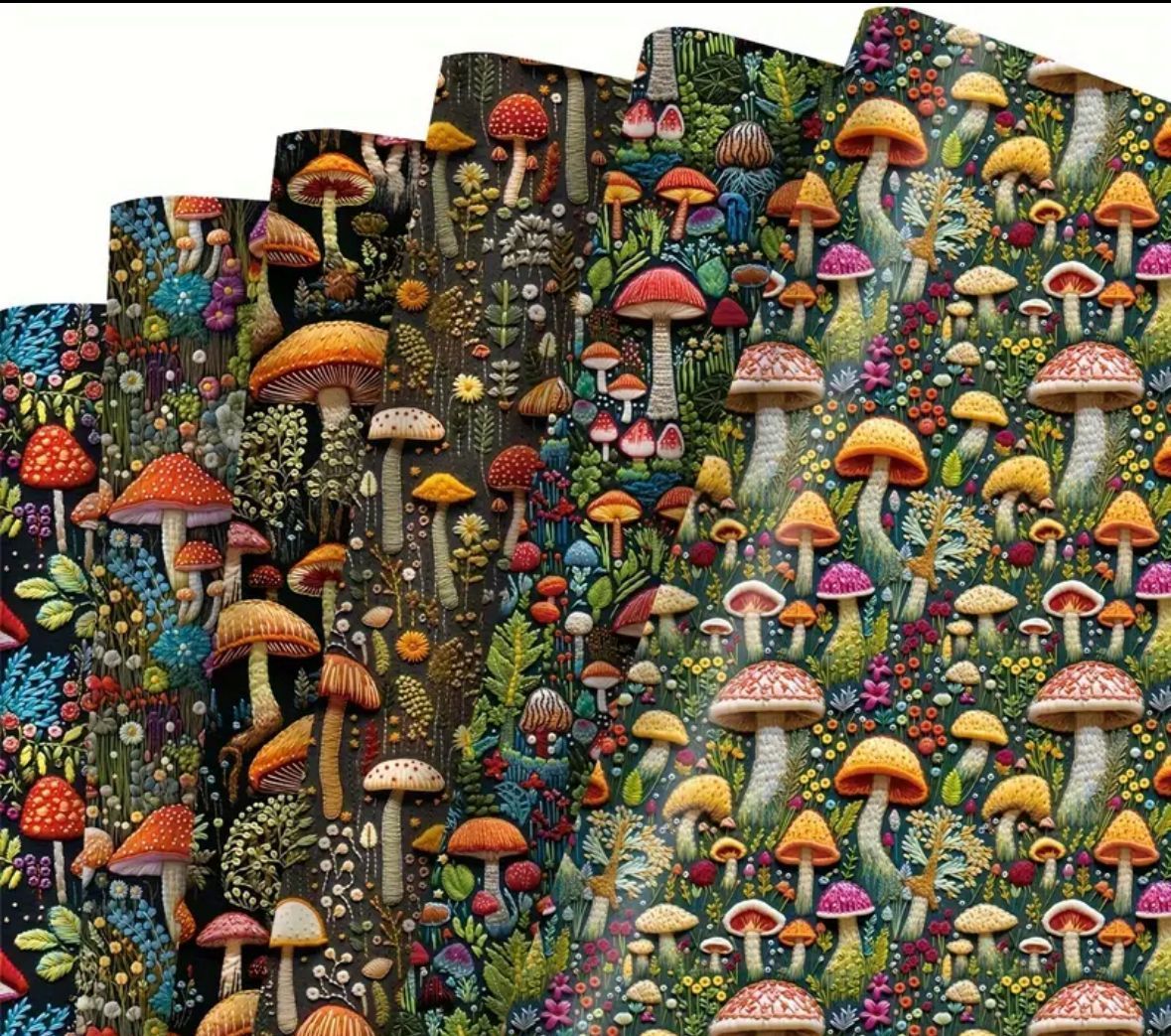 Stacks of fabric patterned with colorful mushrooms and greenery.