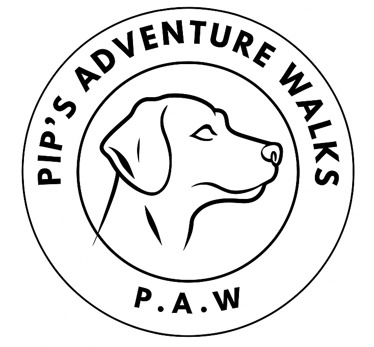 A black and white logo for pip 's adventure walks p.a.w.