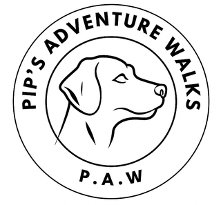 A black and white logo for pip 's adventure walks p.a.w.
