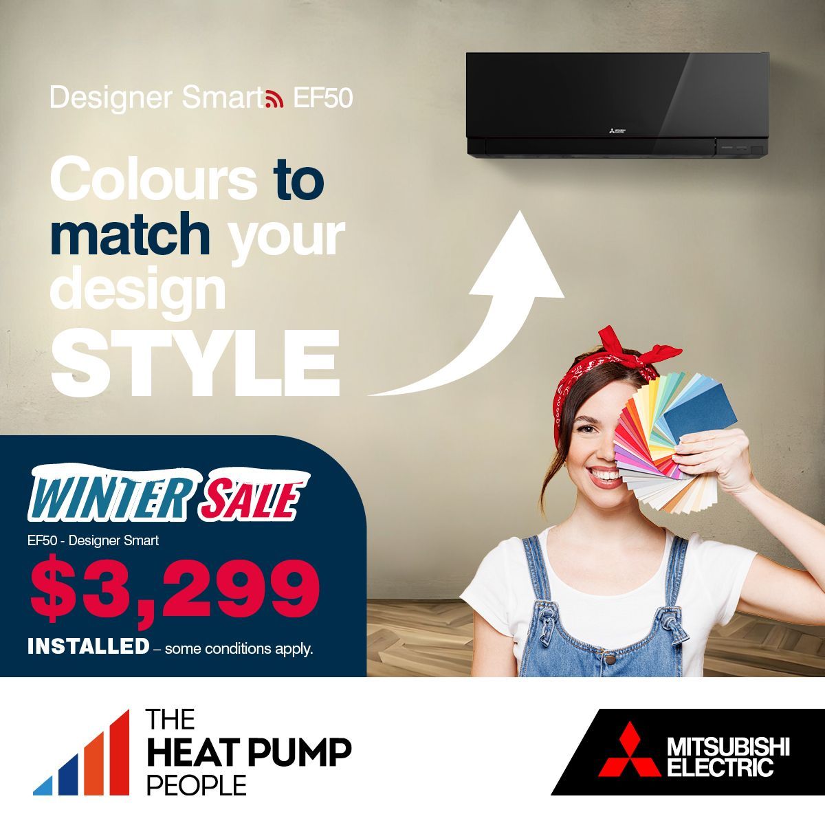 Mitsubishi Electric Designer Smart EF50 high wall heat pump (black).  Woman with paint colours in front of her face.  