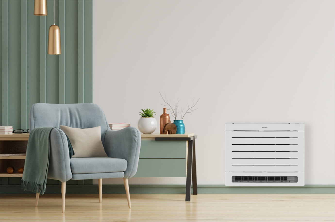 Daikin Aura floor standing heat pump next to small table and single chair.