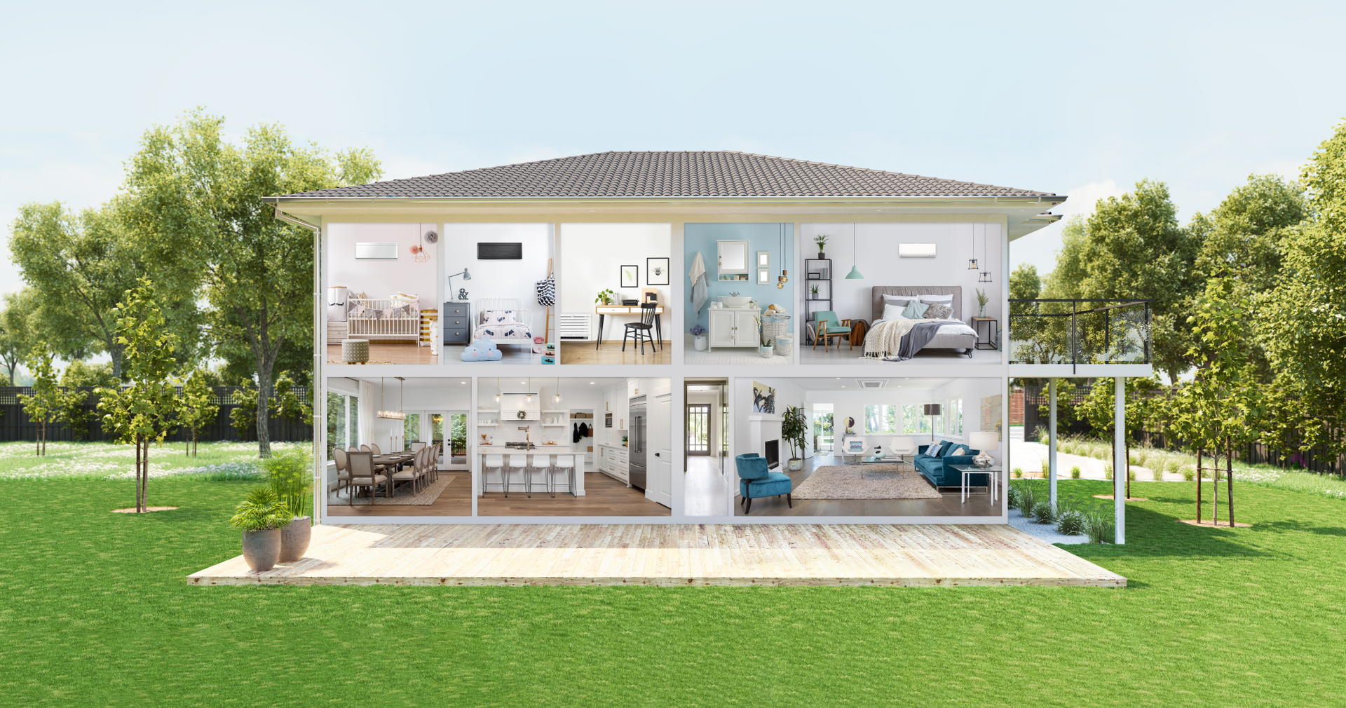 Daikin multi split heat pump system throughout a house.  Different indoor head units shown in each room.