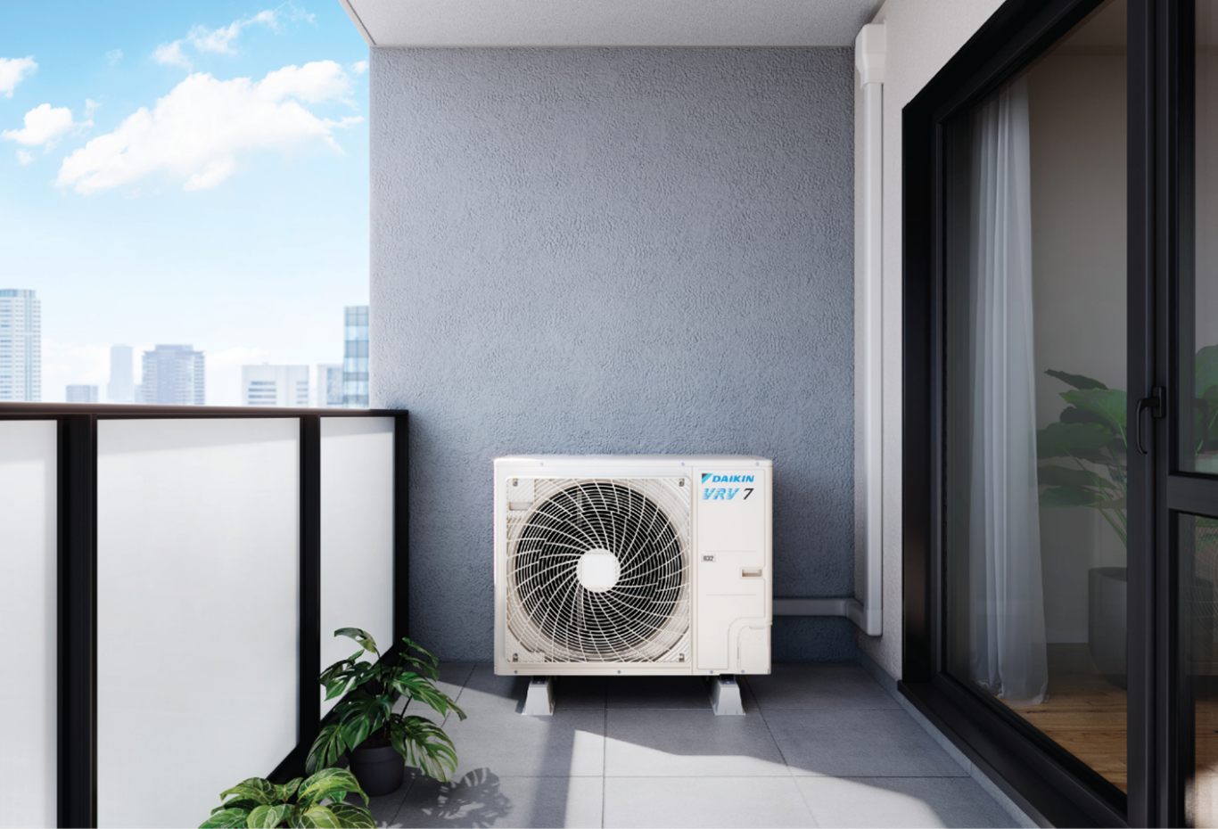 Daikin VRV7 outdoor heat pump unit on balcony
