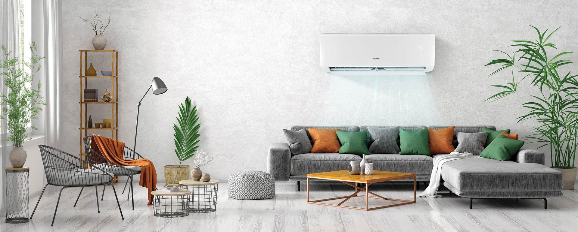 Gree Bora-X Heat Pump Above Grey Sofa