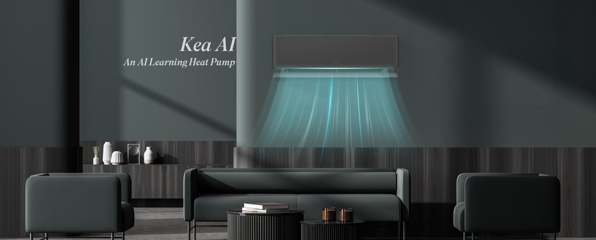 Black Gree Kea Hi-Wall Heat Pump Above Sofa in Black Room