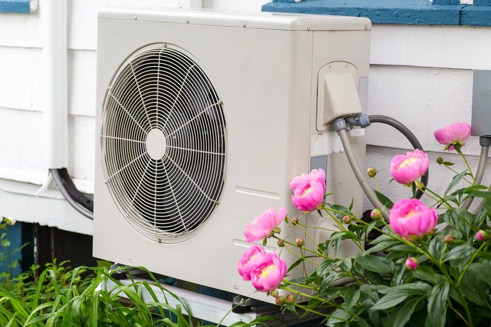 A picture of a heat pump next to pink flowers