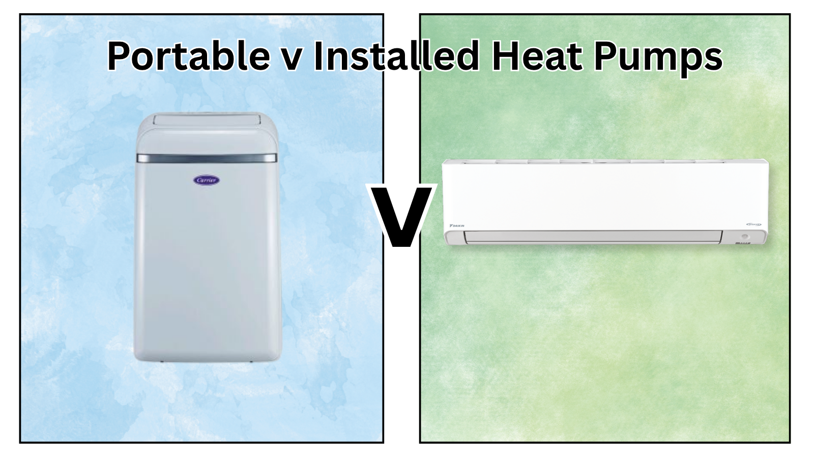 Portable v Installed Heat Pumps. Image of Carrier portable A/C unit v Daikin Alira highwall installed unit.
