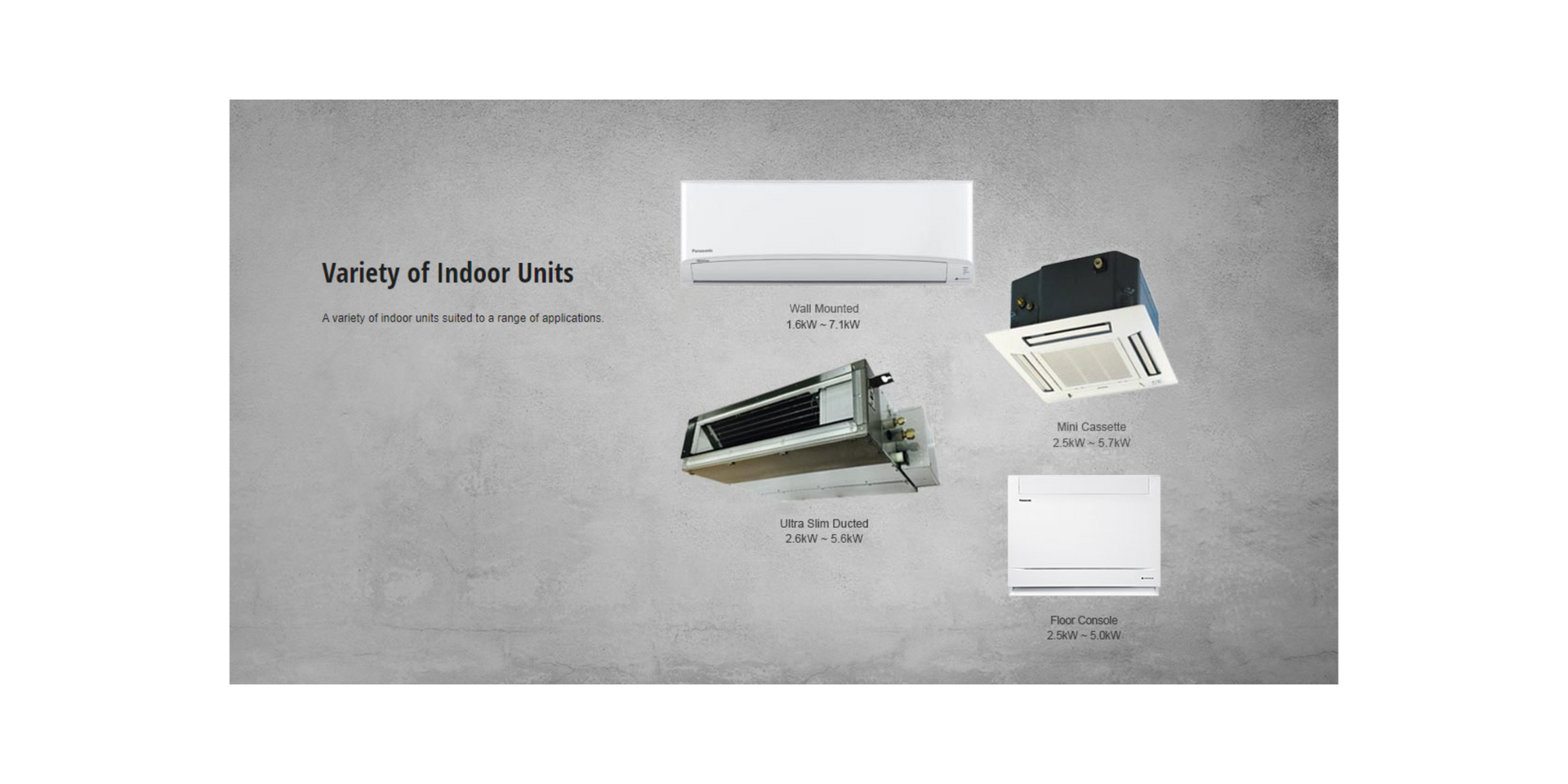 Variety of indoor units available from Panasonic  within their multi-split air conditioning range; wall mounted, mini cassette, ultra slim ducted and floor console.