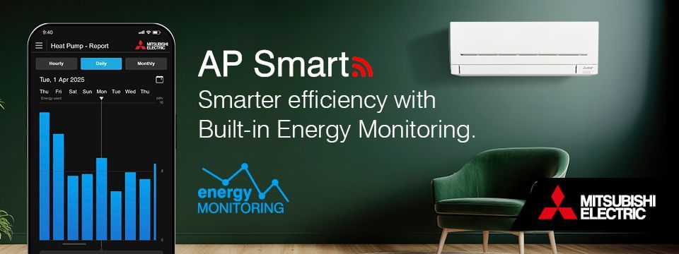 AP Smart - Smarter efficiency with built-in energy monitoring.  Mitsubishi Electric energy monitoring app and image of Mitsubishi Electric AP heat pump above green chair.