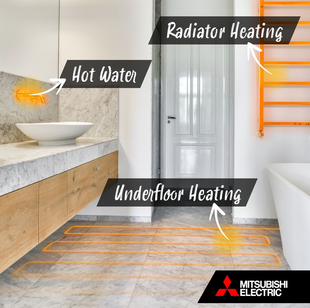 Mitsubishi Electric Ecodan system at work heating the bathroom hot water, underfloor heating and radiator heating