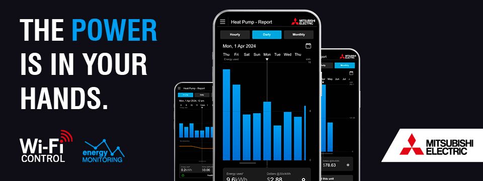 Mitsubishi Electric Mobile Phone Wi-Fi Control app with new energy monitoring feature.