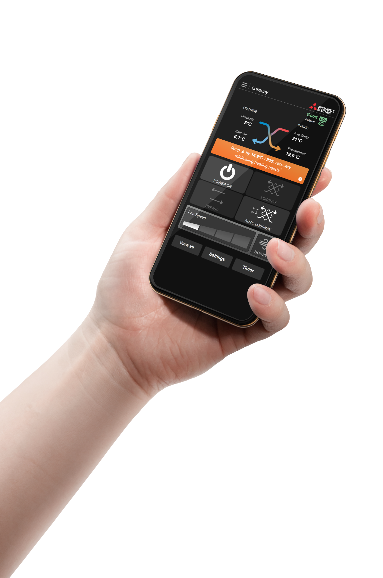 Hand holding mobile phone with Mitsubishi Electric's Lossnay Wi-Fi app.