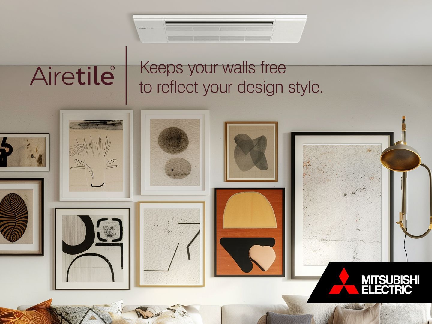 Mitsubishi Airetile heat pump installed in ceiling above a wall of artwork in a home.