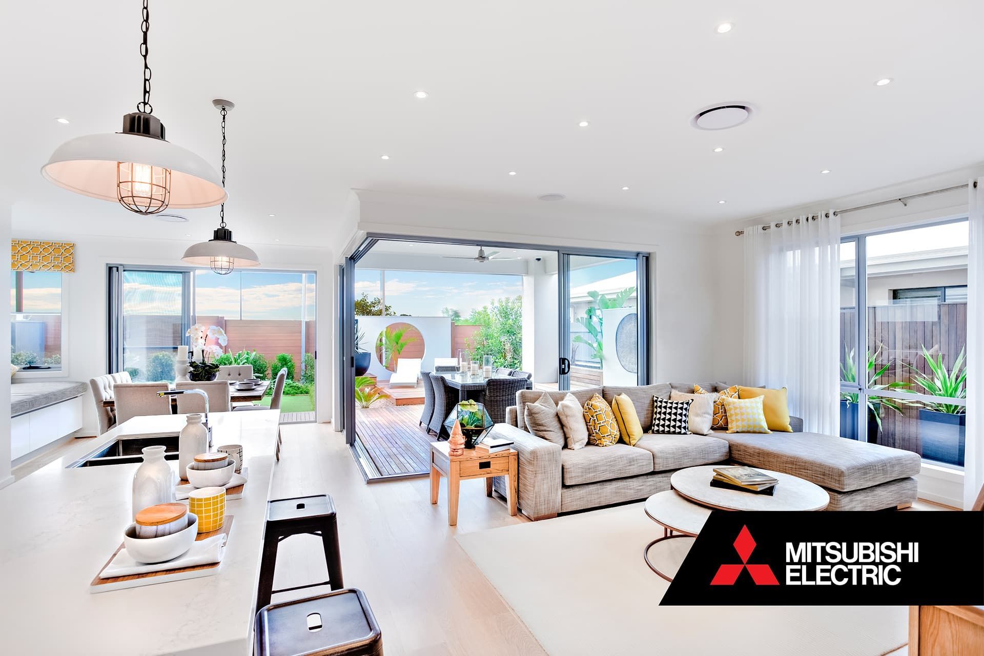 Mitsubishi Electric ducted air conditioning and Lossnay fresh air in living, kitchen, dining room.