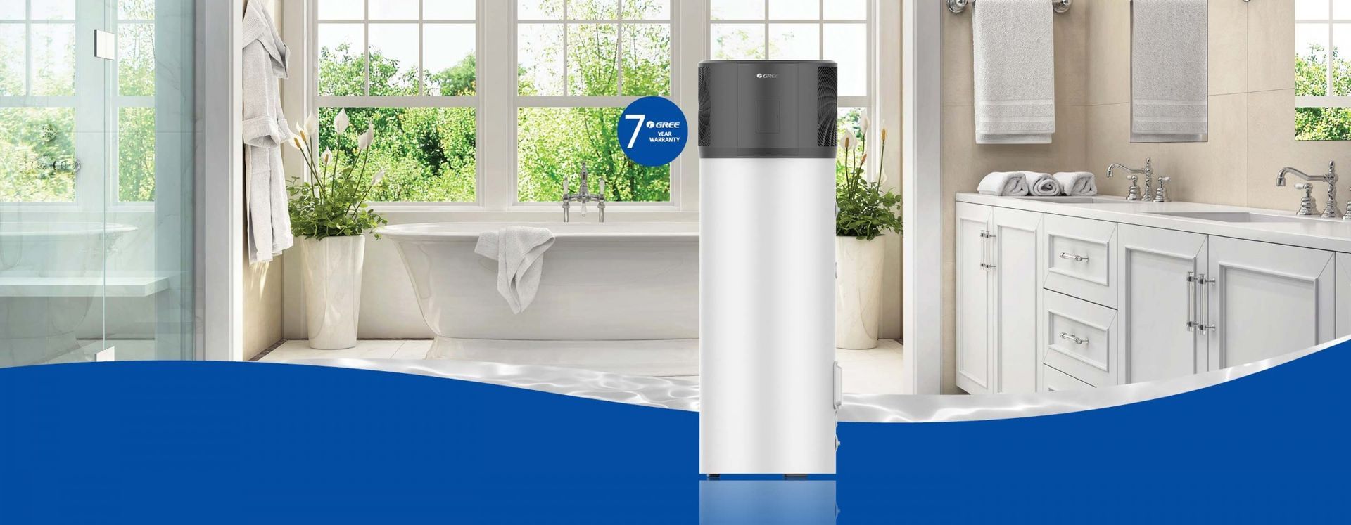 Gree WHIO hot water heat pump over laying an image of a bathroom