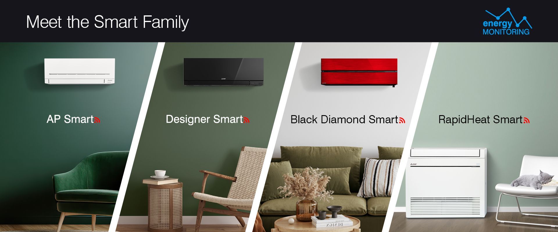 Mitsubishi Electric Smart Family of heat pumps with energy monitoring. AP Smart, Designer Smart, Black Diamond Smart, RapidHeat Smart.