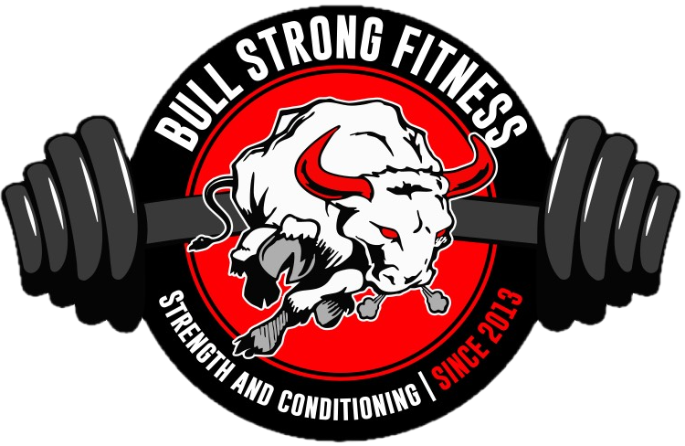 Logo for Bull Strong Fitness gym in El Paso. A bull head graphic with text, "Bull Strong Fitness," in gray and red.