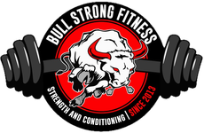 Logo for Bull Strong Fitness gym in El Paso. A bull head graphic with text, "Bull Strong Fitness," in gray and red.