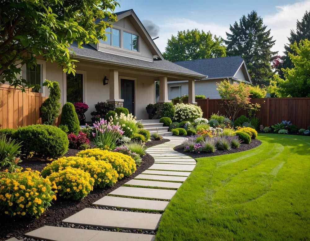 A house with a lush green lawn and flowers for landscape design in Meridian, ID