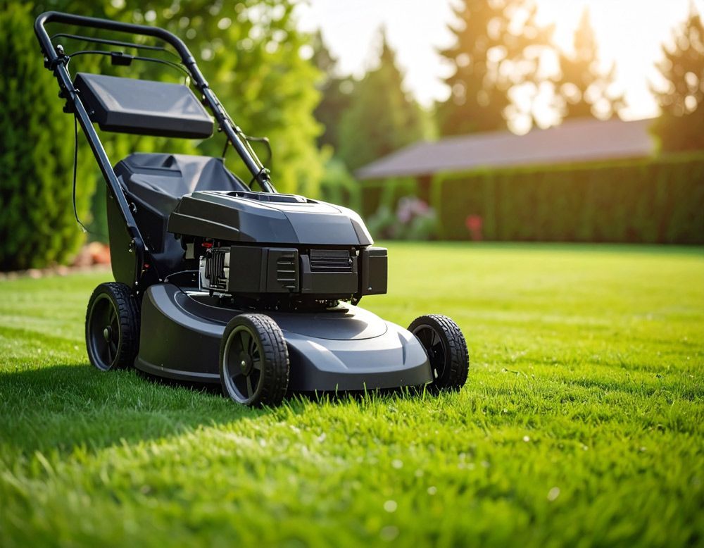 A lawn mower used for maintenance of a lush green lawn in Meridian, ID
