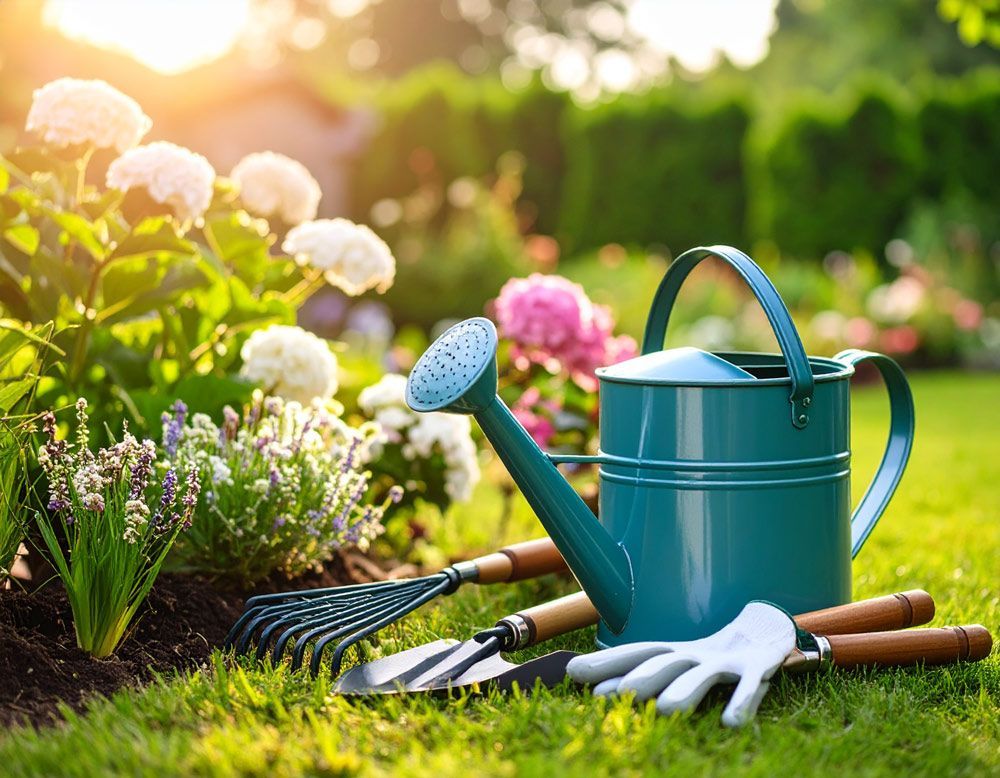 A watering can, rake, scissors, and gloves on the grass of a garden in Meridian, ID