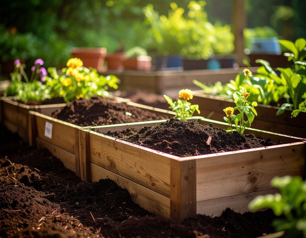 A row of wooden planters filled with soil and flowers in Meridian, ID