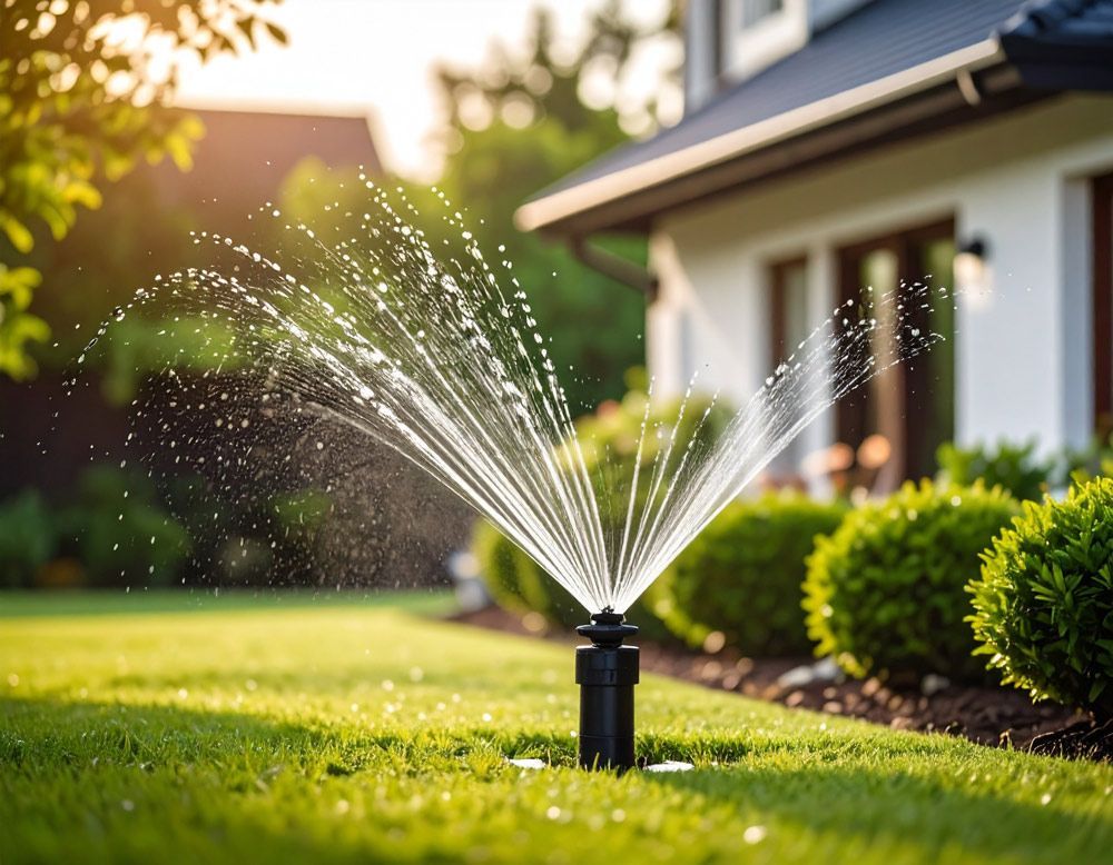 A sprinkler is spraying water on a lush green lawn in front of a house in Meridian, ID