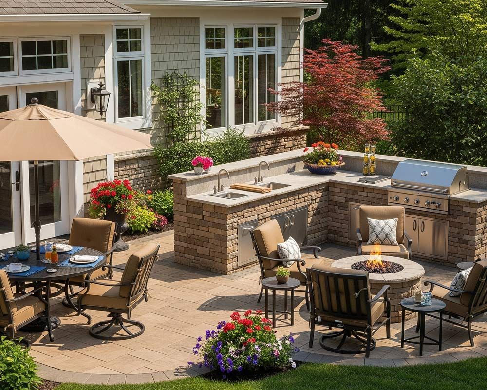A patio with tables chairs and umbrellas in front of a house in Meridian, ID