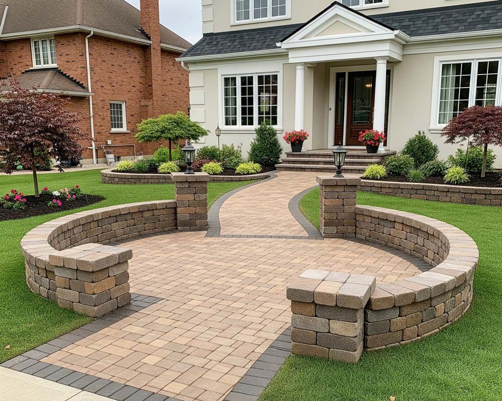 A brick walkway leading to a house with a circular bench in front of it in Meridian, ID