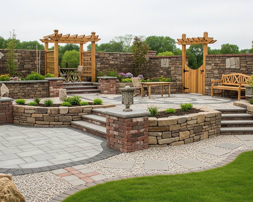 A stone patio made with natural stone, brick and concrete pavers in Meridian, ID
