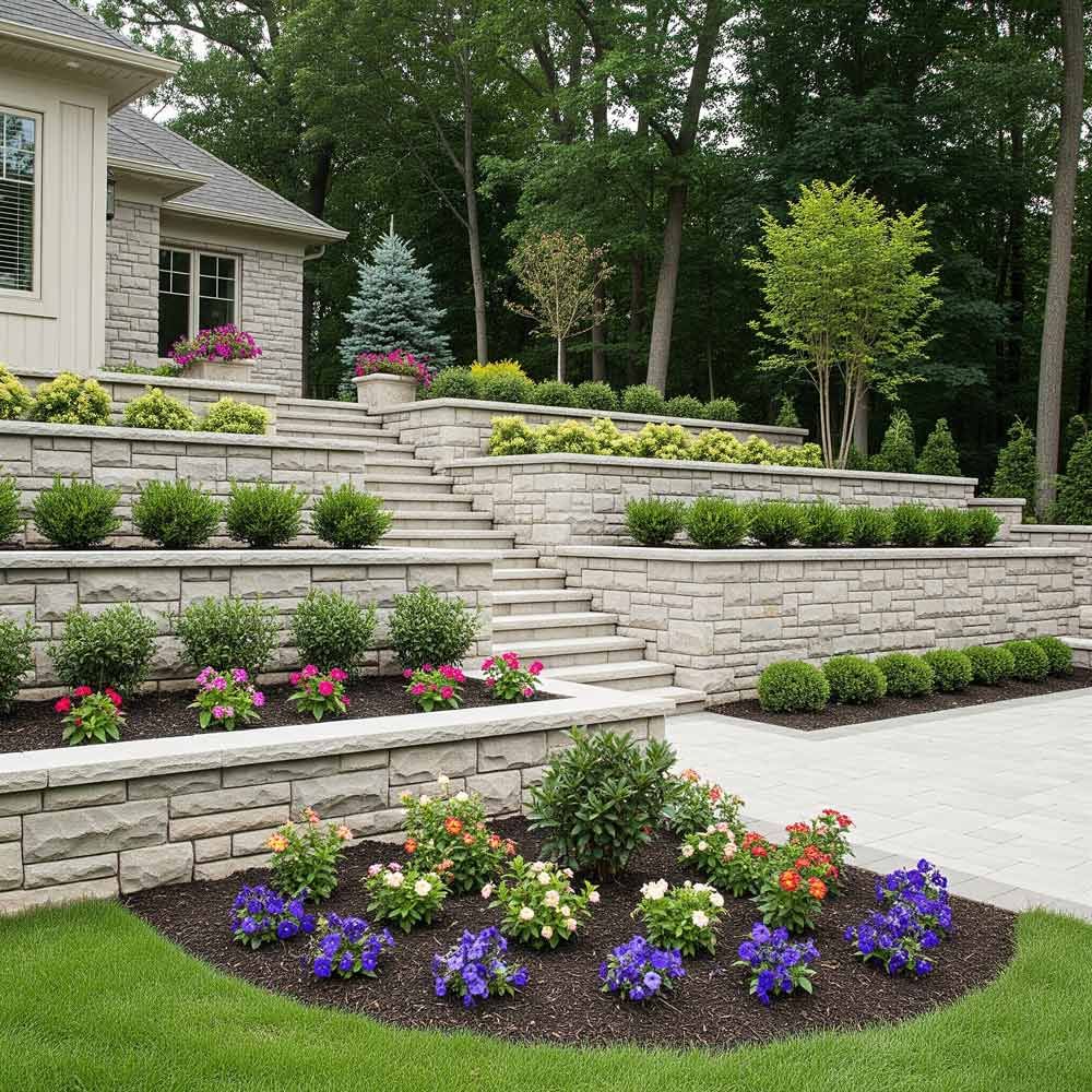 A house with a stone retaining wall and stairs surrounded by flowers in Meridian, ID