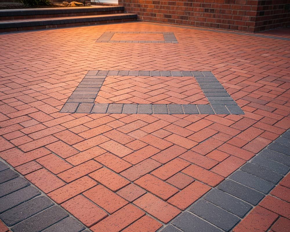 A brick patio driveway with a square shape design in the middle in Meridian, ID