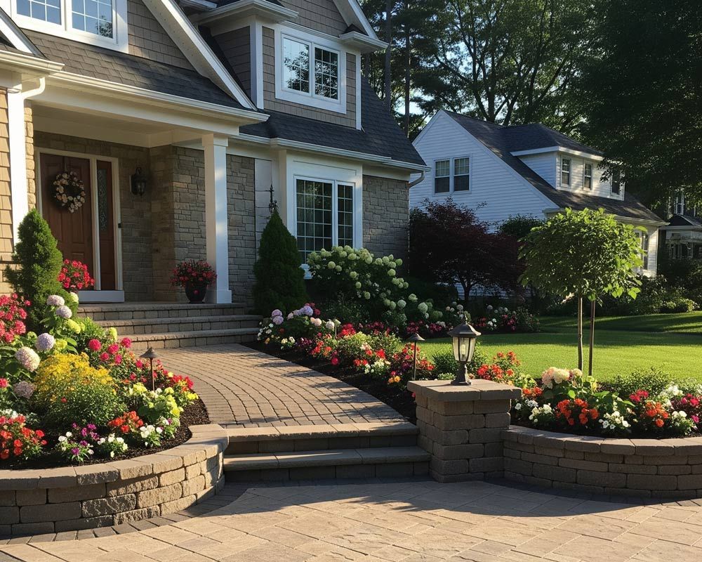 Front yard with added patio, walkway, and retaining walls in Meridian, ID