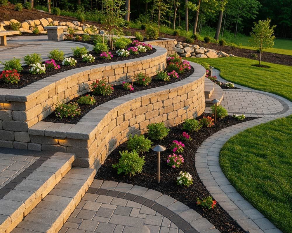 A garden with a brick retaining wall and raised beds with flowers in Meridian, ID