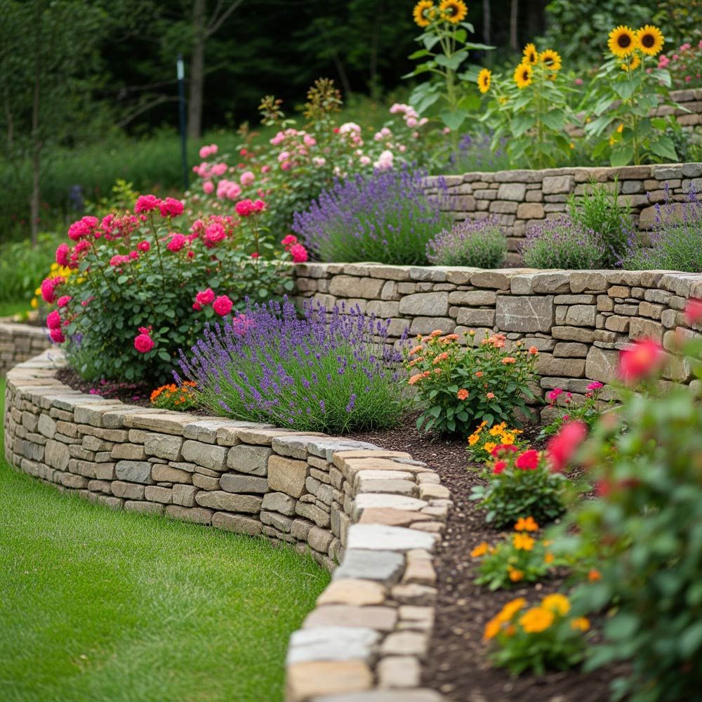A stone retaining wall surrounded by flowers and sunflowers in a garden in Meridian, ID