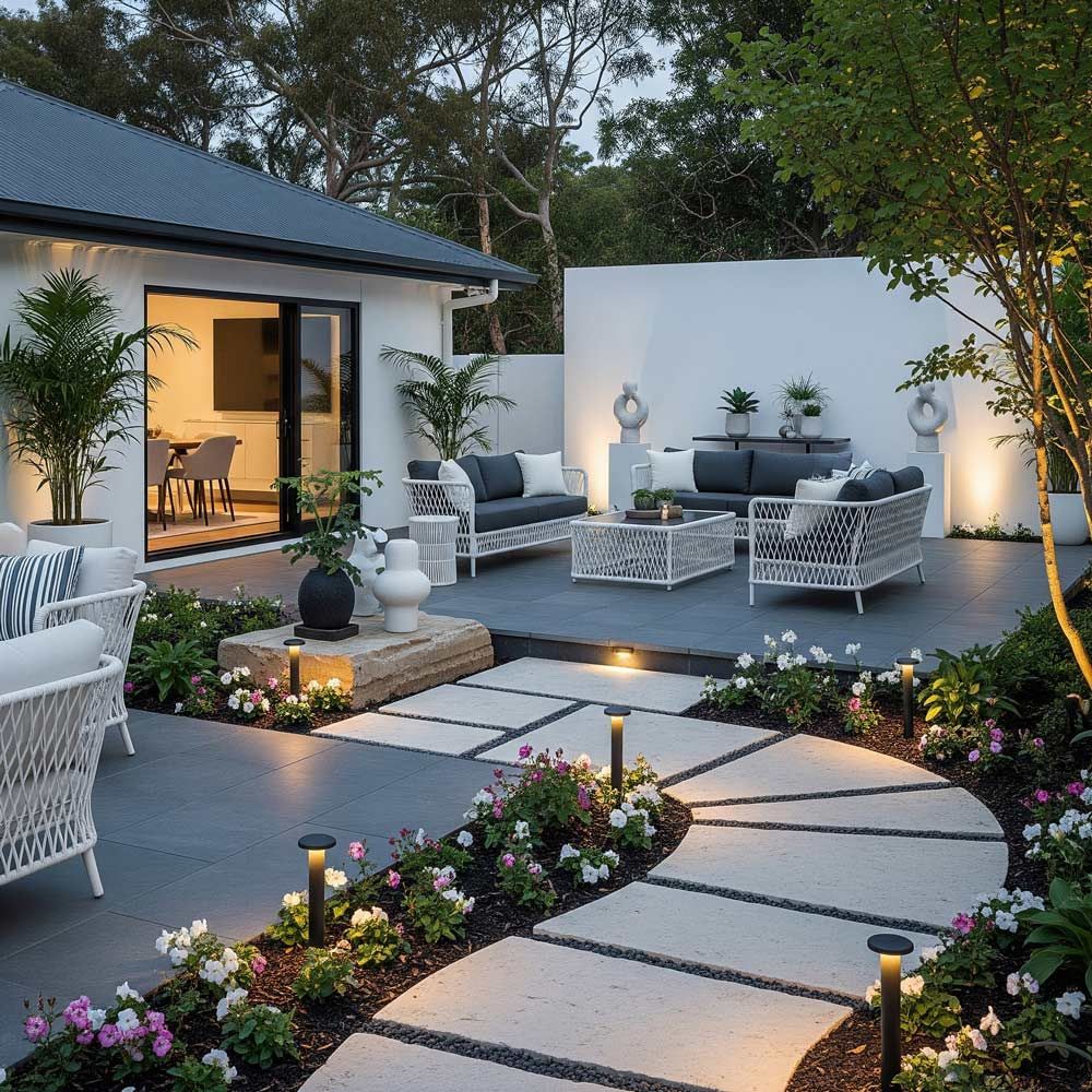 A patio with a lot of furniture and flowers in front of a house in Meridian, ID